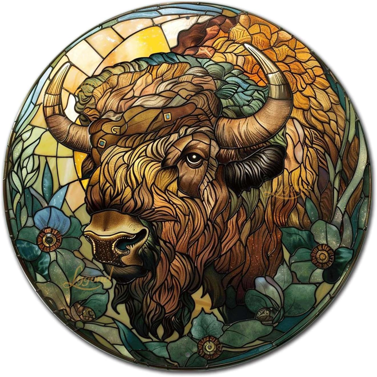 Lygond Metal Sign Tin Sign Circular Stained Glass American Bison Greenhouse Decor for Restaurant 8×8 Inches