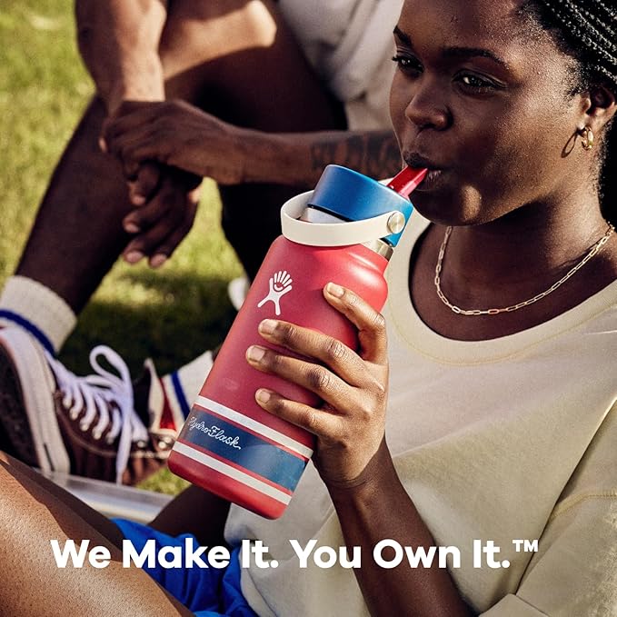 Hydro Flask Water Bottle - Insulated Stainless Steel - Wide Mouth Flex Straw Lid, Non Spill, Leakproof and Refillable in 32 Oz Campus Ivory