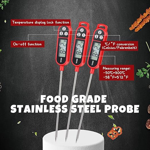 6 Pcs Instant Read Meat Thermometer with Long Probe 9.65 Inch Kitchen Cooking Food Candy Waterproof Digital Thermometer for BBQ Water Milk Yogurt Liquid Cooking(Red)