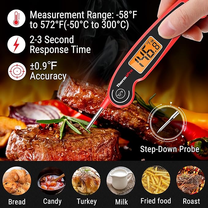 ThermoPro TP605 Instant Read Meat Thermometer for Cooking, Waterproof Digital Food Thermometer with Large Backlit LCD, 180° Foldaway Probe Kitchen Thermometer for Grilling, Smoking & Candy Making