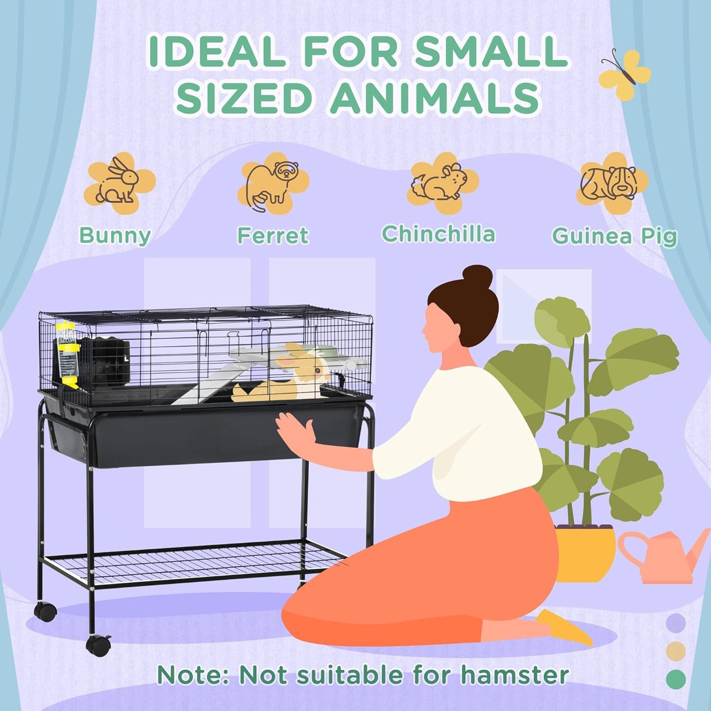 PawHut Two-Story Small Animal Cage Removable from Stand, Guinea Pig Cage with Shelf & Wheels, Pet Habitat for Hedgehog, Chinchilla, Ferret, 33" x 18.5" x 35", Black