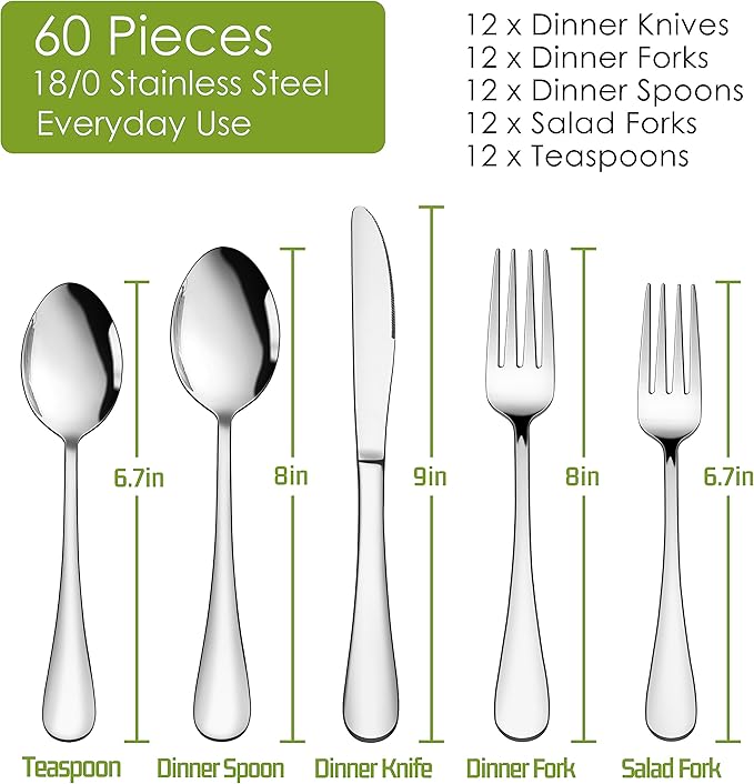 HaWare 60-Piece Silverware Set Service for 12, Stainless Steel Flatware Cutlery, Food-Grade Tableware Eating Utensil Set for Home Kitchen, Include Fork Knife Spoon, Mirror Polished, Dishwasher Safe