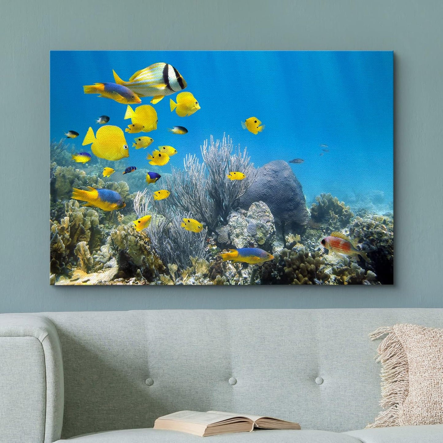 wall26 Canvas Print Wall Art Yellow School of Fish with Blue Coral Reef Nature Ocean Photography Realism Nautical Scenic Relax/Calm Multicolor Ultra for Living Room, Bedroom, Office - 24"x36"
