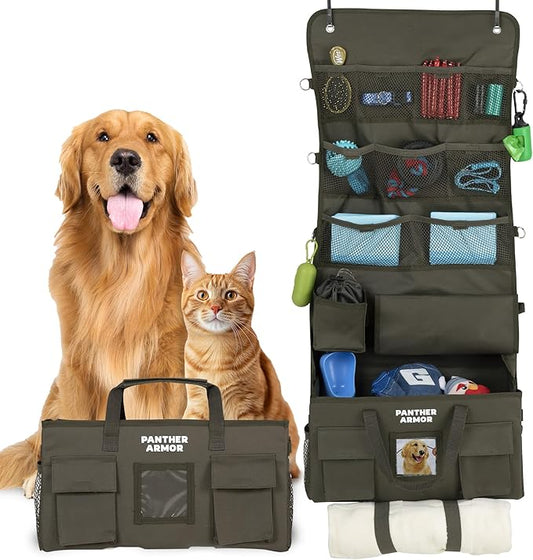 Panther Armor Dog Travel Bag Hanging Dog Organizer & Pet Storage Tote Bag for Supplies | Waterproof Door Storage & Closet Organizer | Food & Treat Container for Travel Accessories