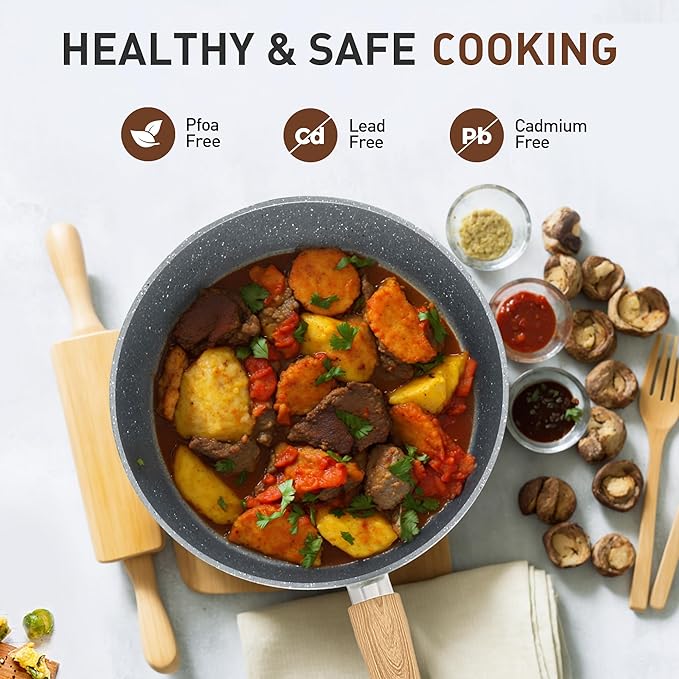 MAISON ARTS 17 Piece Pots and Pans Set Non Stick, Kitchen Cookware Sets with Nonstick Granite Stone Coating, Suitable for Induction Cooktops, Grey