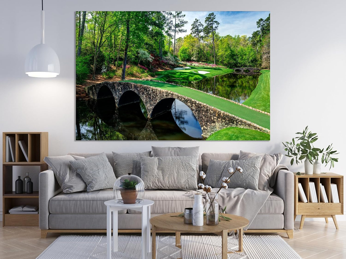 Nature Wall Art Prints - Ocean Forest Mountain Lake Canvas Landscapes - Small to Extra Large Living Room Bedroom Kitchen Bathroom Décor (Golf Course with Stone Bridge, 28L" x 41W")