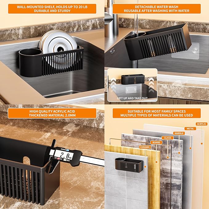 2-in-1 Dish Wand Holder & Sponge Holder for Kitchen Sink Hanging,With Adhesive,Rust Proof Scrub Brush,Scrubber,Dish Sponge,Spinge Holder,In Sink Organizer & Basket Accessories & Essentials,Plastic