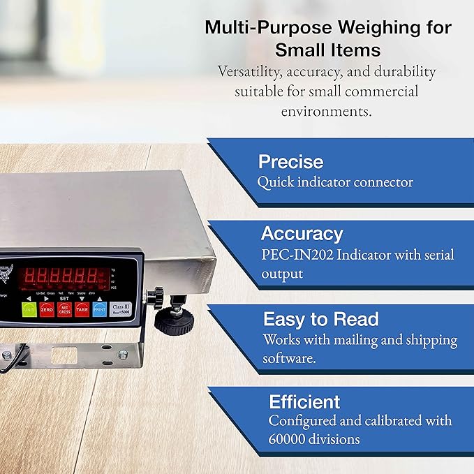 PEC Stainless Steel Bench Scale, Food/Pizza Scale for Kitchen and Restaurant, Capacity/Accuracy 130x0.002lb (with USB)