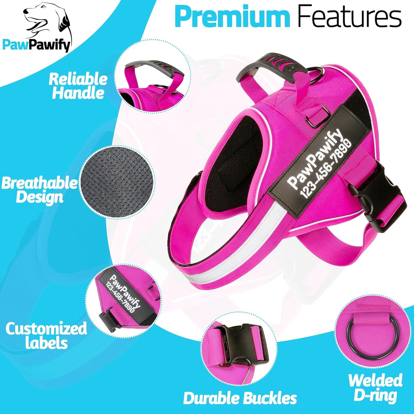 PawPawify Custom No Pull Dog Harness with Name and Phone Number, Heavy Duty Personalized Pet Vest to Prevent Tugging, Pulling, or Choking, Training and Walking (New Pink, S (10-19LBS))
