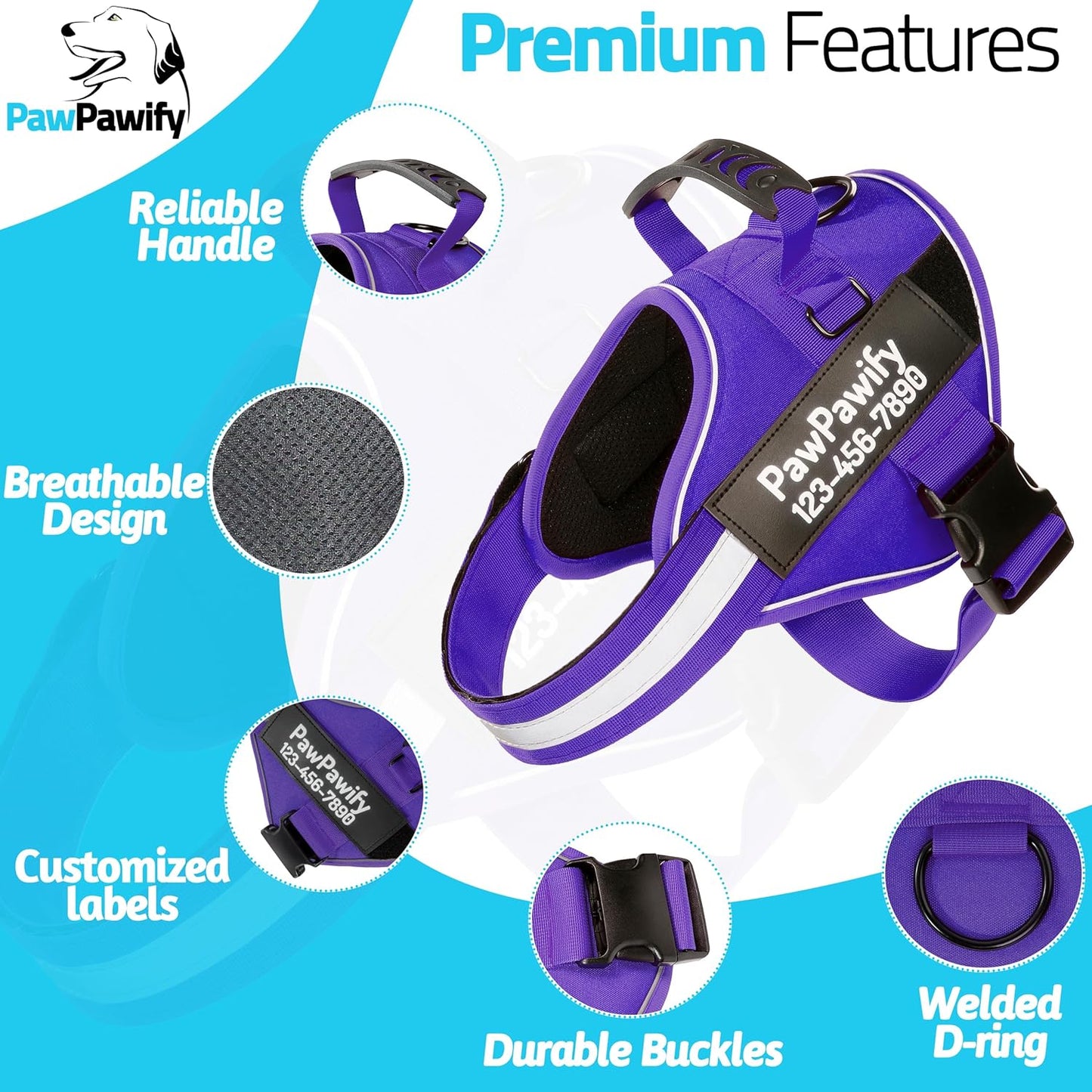 PawPawify Custom No Pull Dog Harness with Name and Phone Number, Heavy Duty Personalized Pet Vest to Prevent Tugging, Pulling, or Choking, Training and Walking (New Purple, S (10-19LBS))