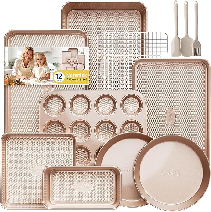 12-Piece Nonstick Bakeware Set with Baking Pan, Cake Pan, Muffin Pan, Loaf Pan, Square Pan, Roasting Pan, Cookie Pan, Cooling Rack & Utensils - Ceramic Coated Gold