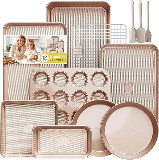 12-Piece Nonstick Bakeware Set with Baking Pan, Cake Pan, Muffin Pan, Loaf Pan, Square Pan, Roasting Pan, Cookie Pan, Cooling Rack & Utensils - Ceramic Coated Gold