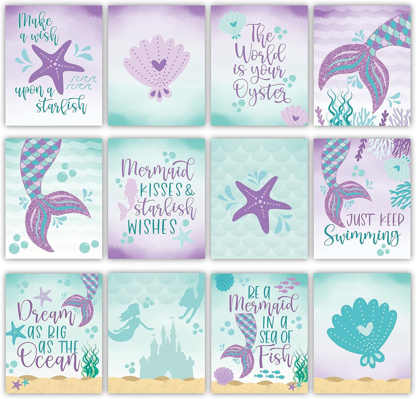 Hadley Designs 6 Mermaid Wall Decor – Reversible Magical Mermaid Wall Art for Nursery & Bathroom, Under the Sea Unframed Ocean-Themed Room Decor Prints for Girls' Bedroom