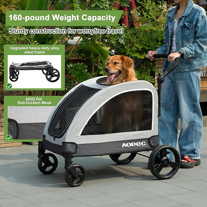 Large Dog Stroller - Dual Entry Safety Folding Pet Stroller with Adjustable Handle, All-Terrain 4-Wheel, 160 lbs Weight Capacity for Travel & Outdoor Adventures - Gray