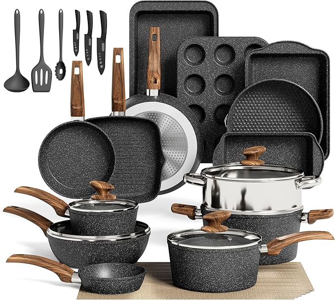 MAISON ARTS 30 Piece Pots and Pans Set Non Stick, Kitchen Cookware & Bakeware Sets with Nonstick Granite Coating, Baking Tray, Frying Pan and Saucepan, Black