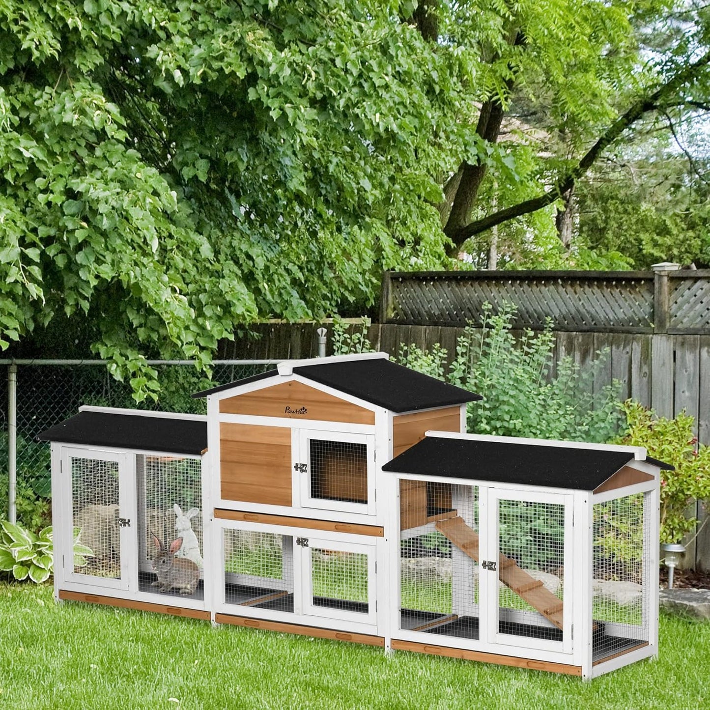 PawHut 90.5" Wooden Rabbit Hutch Bunny Cage Pet Playpen House Enclosure with Double Side Run Boxes, No Leak Tray, Ramp, for Rabbits, Chickens, Ducks, Guinea Pig and Small Animals, White