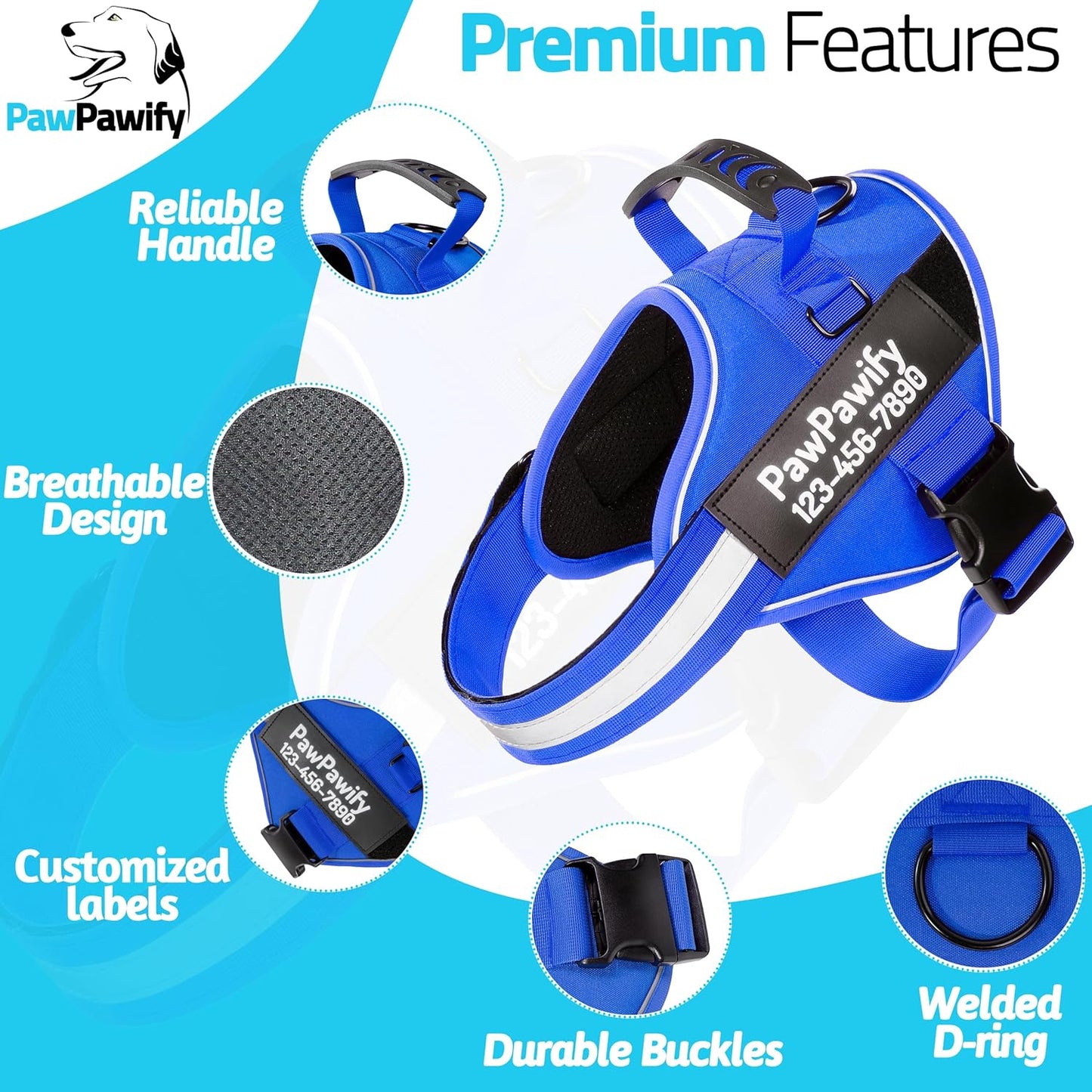 PawPawify Custom No Pull Dog Harness with Name and Phone Number, Heavy Duty Personalized Pet Vest to Prevent Tugging, Pulling, or Choking, Training and Walking (New Blue, XXL (85-140 LBS))