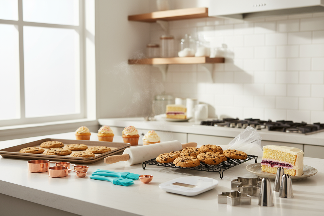 Discover our line of baking trays, measuring tools, and pastry accessories that turn your kitchen into a home bakery. Perfect for cookies, cakes, and everything sweet. (make it real photo)