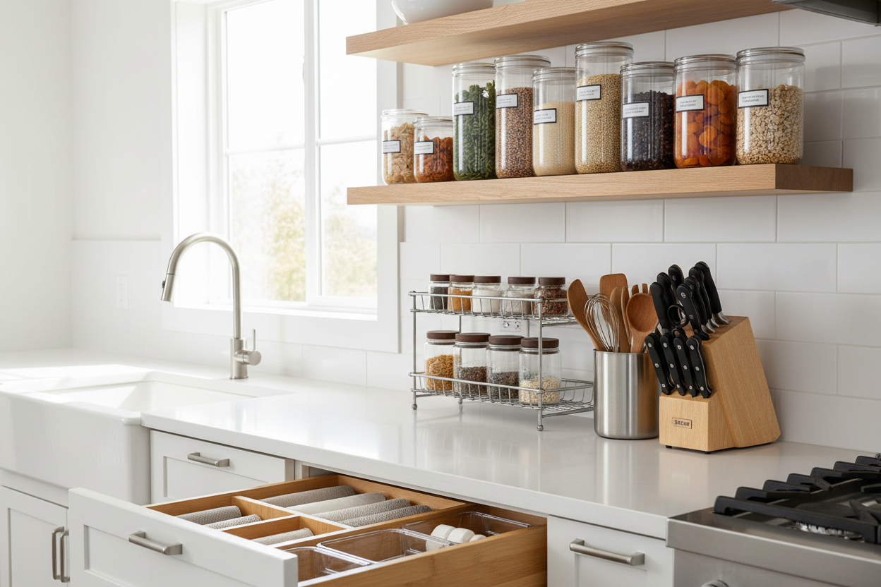 Keep your kitchen neat and stylish with smart storage containers, racks, and organizers. Designed to save space while keeping freshness and order. (make it real photo)